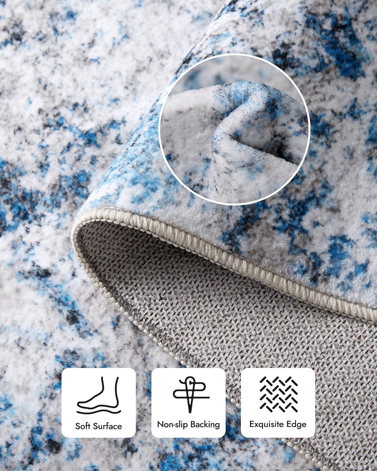 Washable Area Rug for Living Room: 8x10 Modern Abstract Neutral Soft Rug for Bedroom Dining Room No Slip Low Pile Carpet for Nursery Home Office - Grey/Blue