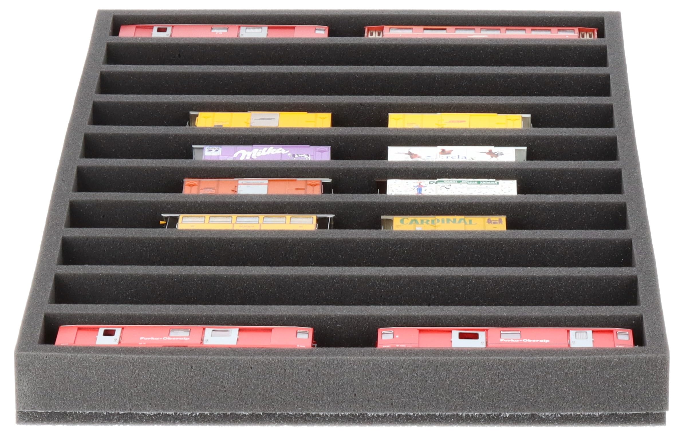 Feldherr Wkładka piankowa do modelowania kolejowego - schody H0m - 10 poziomych przegródek do przechowywania lokomotyw, wagonów i pojazdów - 570 x 370 x 45 mm - JV045A001