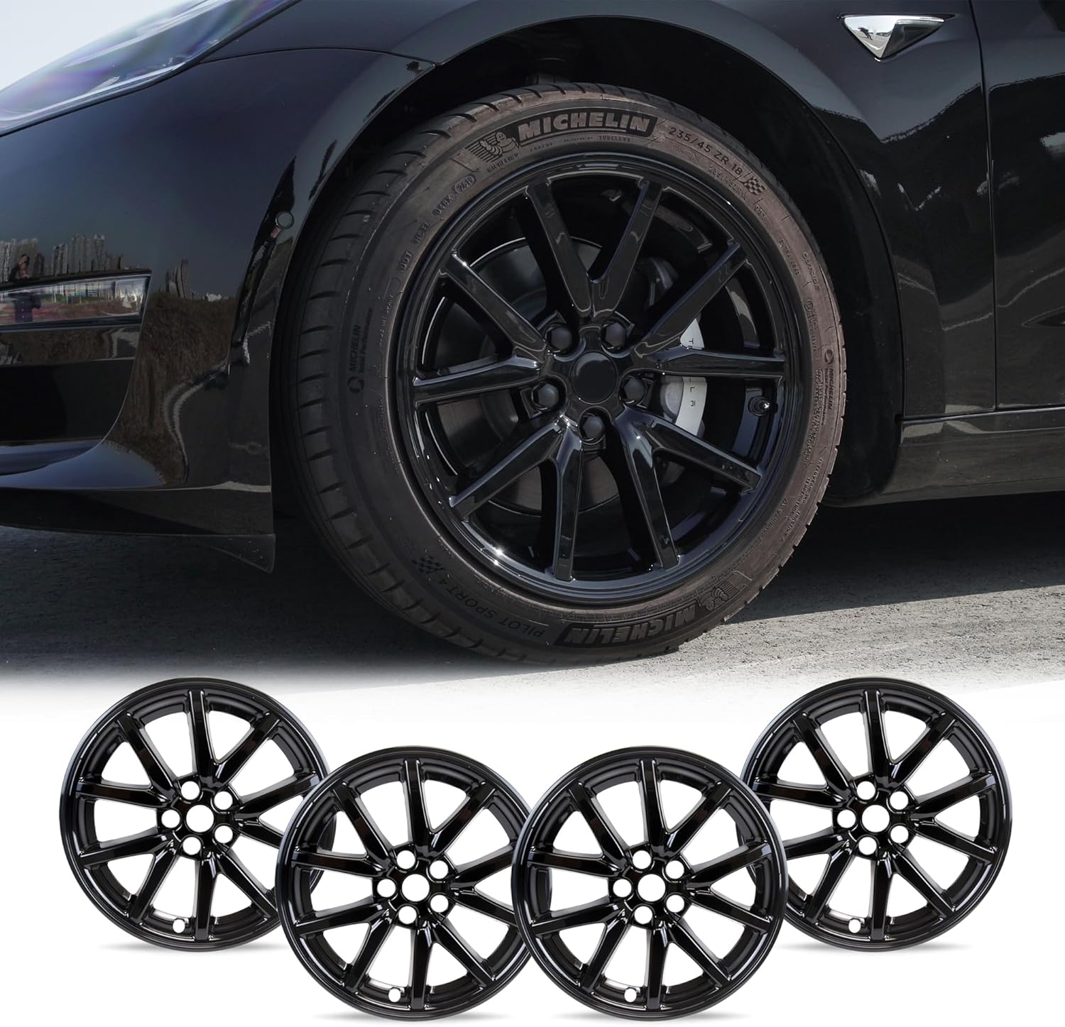 Mayde 18-Inch Hub Caps fits 2017-2022 Tesla Model 3, Replacement Wheel Covers (Set of 4,) (Gloss Black)