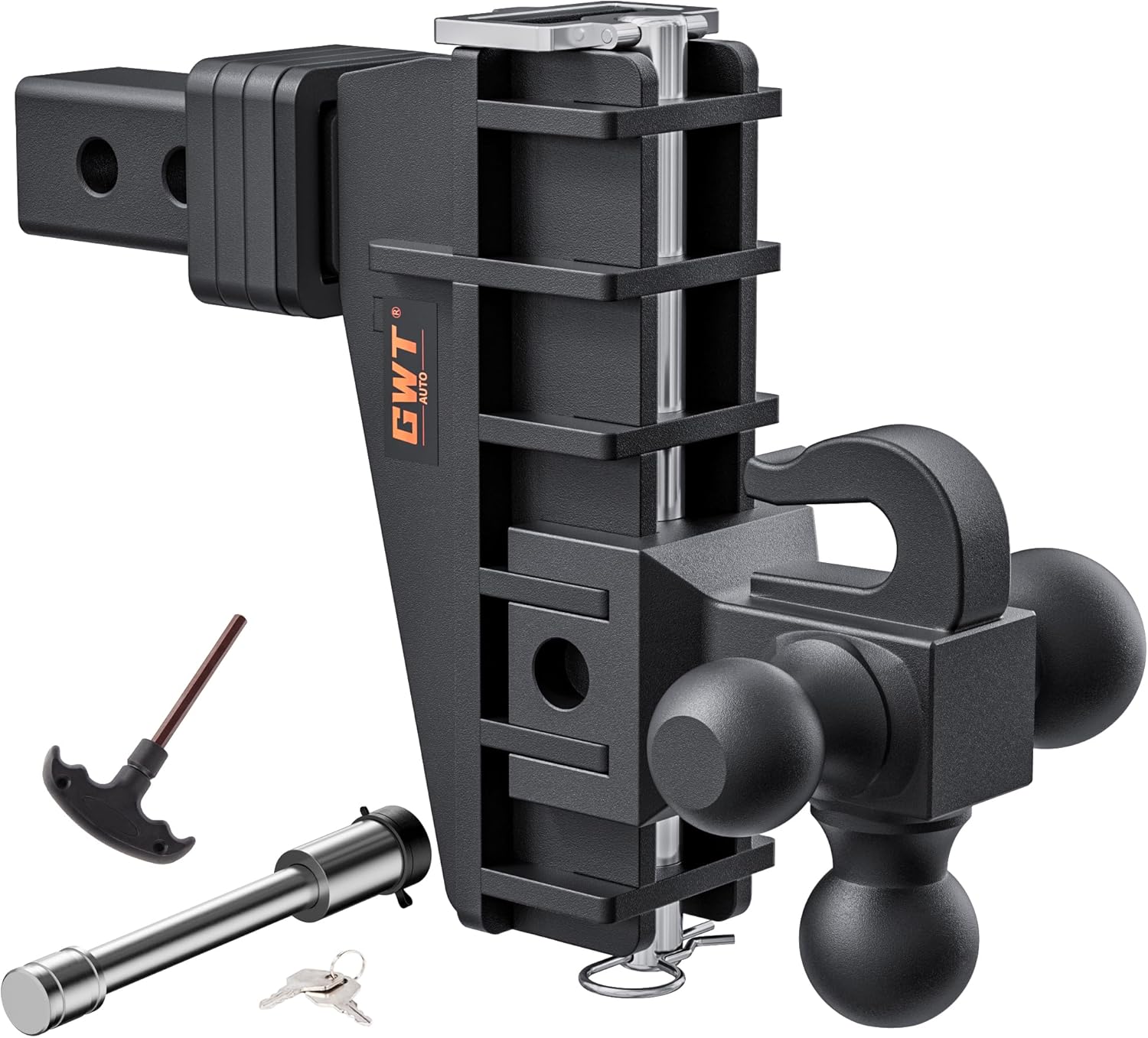 Adjustable Trailer Hitch with Hook, Tri-Ball (1-7/8″ x 2″ x 2-5/16″) Drop Hitch, Fits 2-Inch Receiver, 6 Inch Drop Hitch, 17000 LBS GTW-Class 3 Tow Hitch for Heavy Duty Truck, Solid Ball Mount