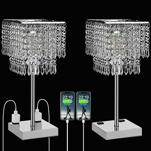Acaxin Crystal Table Bedside Lamp Set Included Bulb, Touch Control & 3-Way Dimmable, Square Bedroom Nightstand Lamp with 2 Outlets for Charging, Glam Decorative Tabletop Lamp for Bedroom, Guest Room