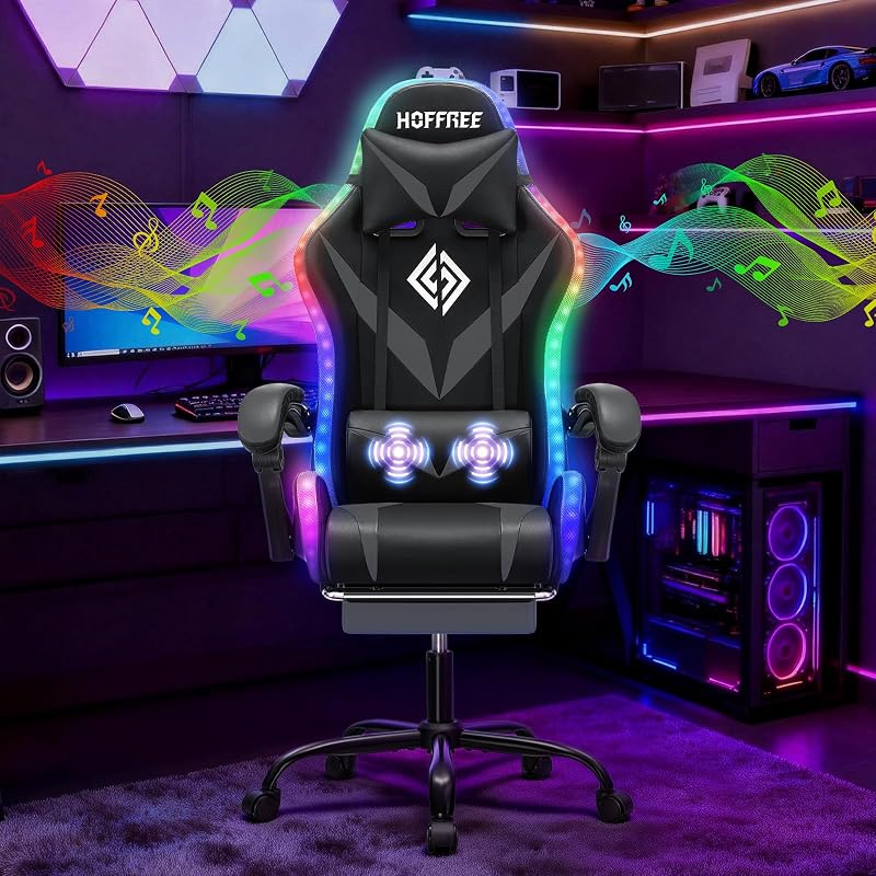 LED Gaming Chair with Speakers RGB Lights Massage Computer Chairs-Grey | Bluetooth Game Chairs for Adults;Ergonomic High Back Video Game Chair; Reclining Gamer Chair with Footrest Lumbar Support