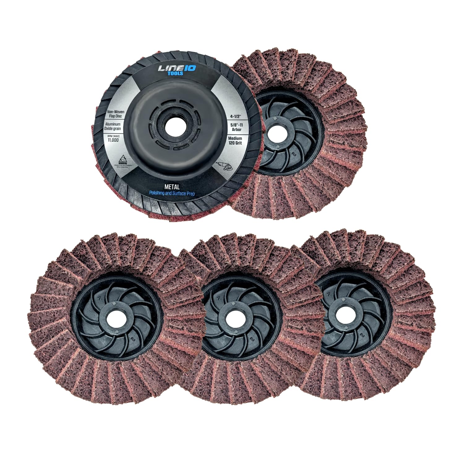 LINE10 Tools 5pk Red Non-Woven Abrasive Flap Disc, 120 Grit with 5/8-11 Threaded Arbor for 4-1/2" Angle Grinder