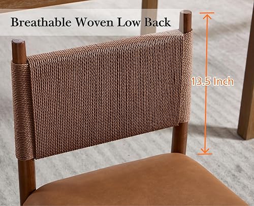 Miniatura 3 de EALSON Juego de 2 sillas de comedor de ratán tapizadas de cuero con patas de madera de nogal y respaldo tejido, sillas de cocina modernas de