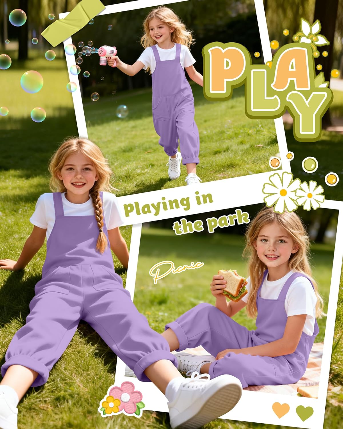 Xaatren Girls' Overalls Harem Pants Wide Strap Jumpsuits Loose Rompers Cuffed Hem Long Pants with Pockets 5-14 Years