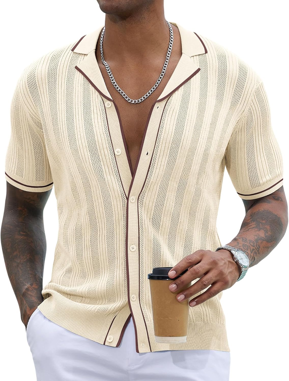 Men's Knit Button Down Shirt Short Sleeve Vintage Knitted Striped Summer Beach Tops S-XXL