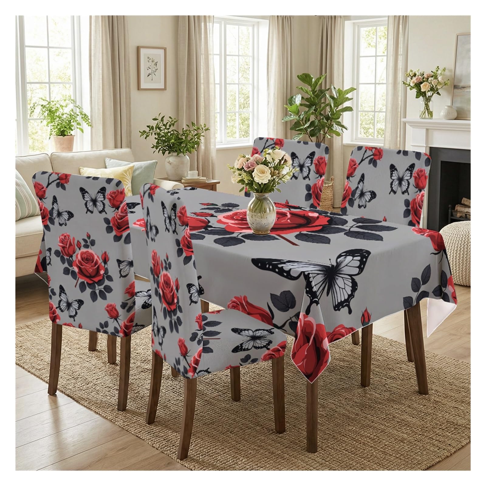 KXUAUV Red Rose & Butterfly Print Tablecloth & Chair Covers Set, Slipcovers For Dining Room, Kitchen, Gothic & Romantic Decor, 5/7 Pack Party Decor(5pcs Set: Tablecloth+Chair Covers)