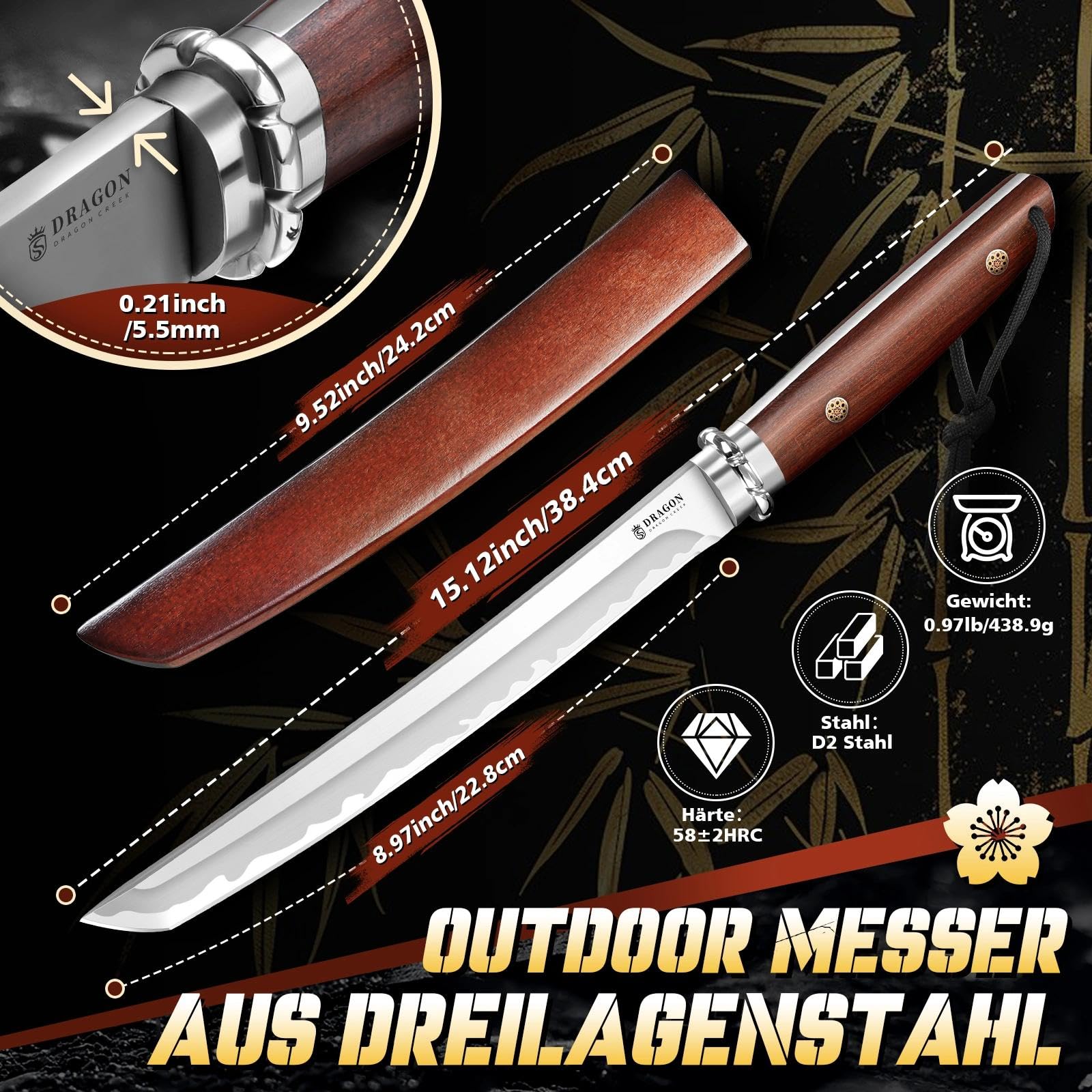 Dragon Creek Geschmiedetes Outdoor-Messer mit feststehender Klinge – Holzgriff aus rotem Sandelholz, Holzscheide, für Camping, Outdoor & Geschenk