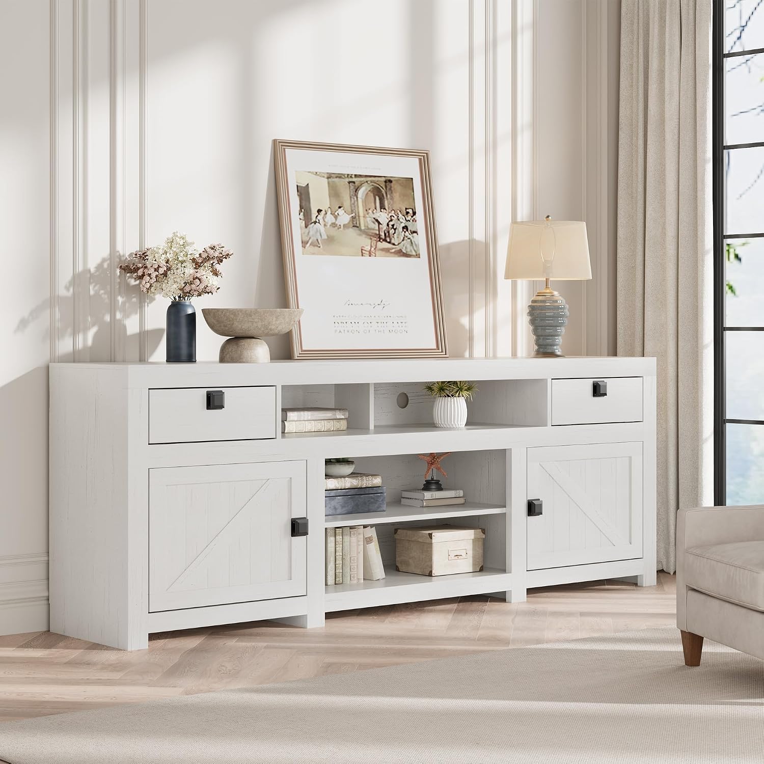 IDEALHOUSE Farmhouse TV Stand for Tv Up to 80 Inches, 70 in Long Entertainment Center with 4 Storage Drawers & 3 Open Shelf, Television Consoles Stands for Living Room, Bedroom