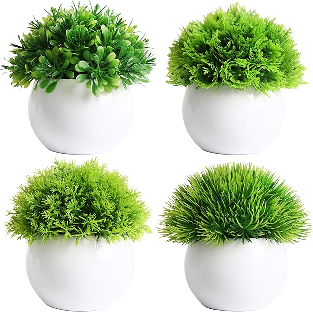 FEILANDUO 4 Pcs Decorative Artificial Plants Small Fake Plants Indoor Mini Plastic Faux Plants in White Pots for Home Desk Decor Window Sill,Outdoor,Table Decorations