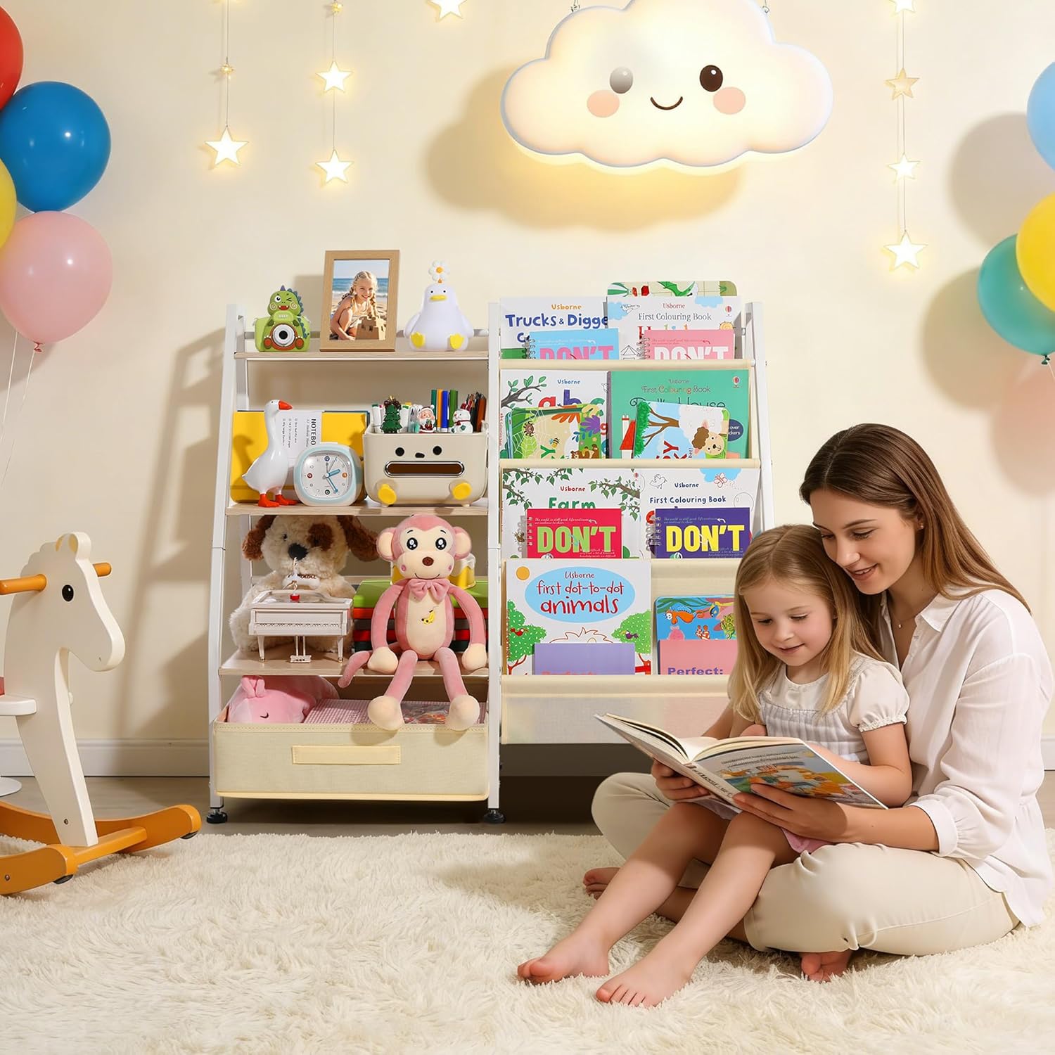 Kids Bookshelf and Toy Storage-Book Shelf for Kids Rooms，Toddler Bookshelf Baby Bookcase with 4 Sling Shelves & Fabric Toy Chest Toy Organizer for Playrooms, Bedrooms, Nursery