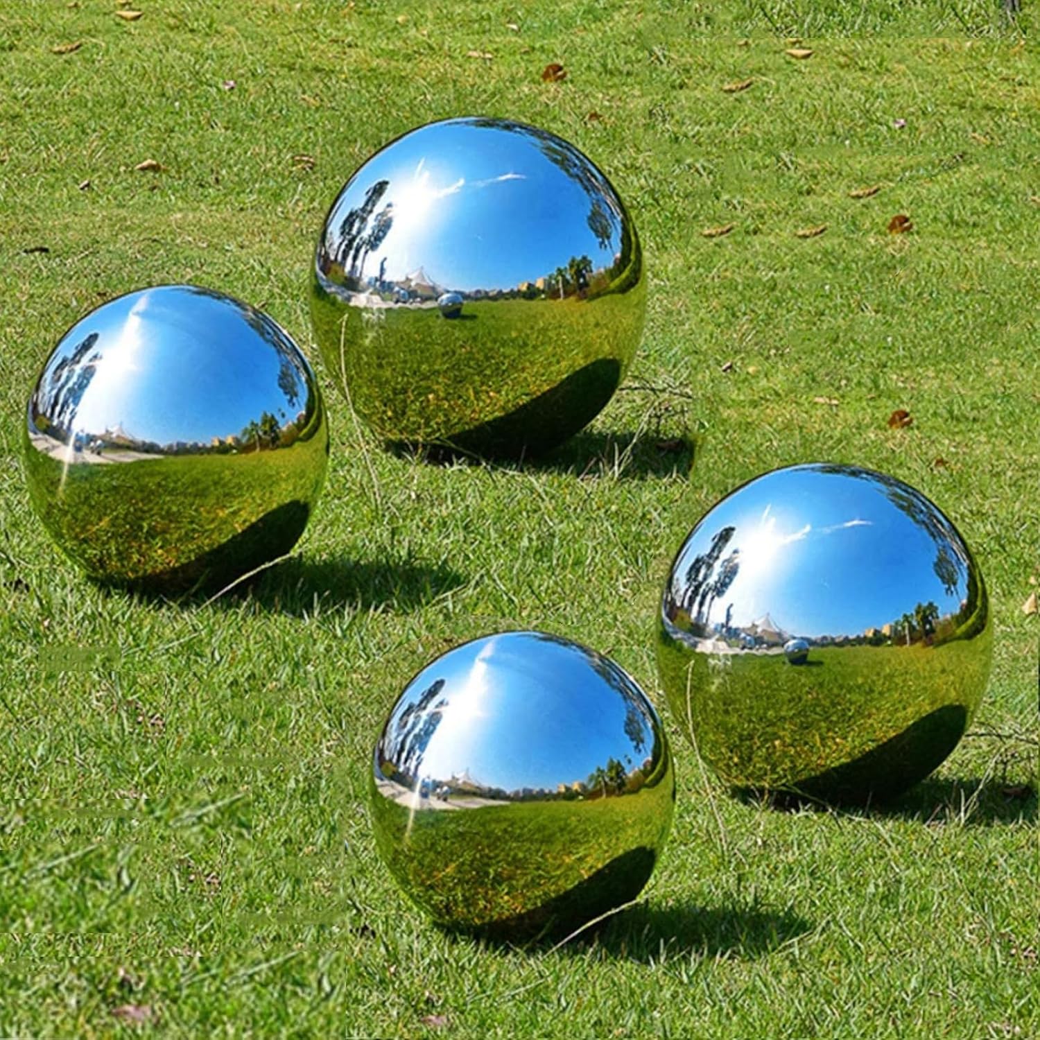 POCHY Stainless Steel Ball Garden Ornaments Gazing Balls Mirror Reflective Sphere, Silver 4Pcs