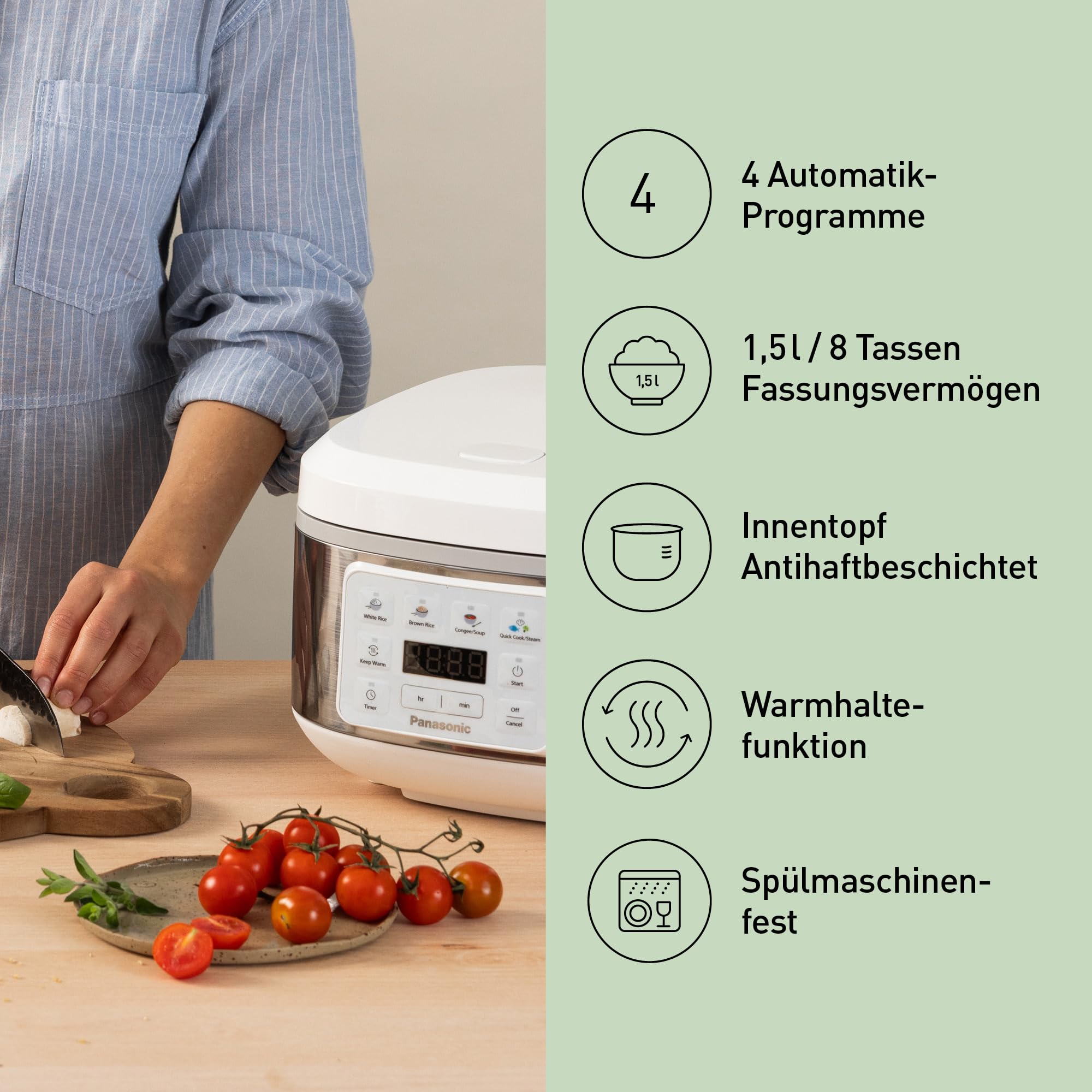 Panasonic SR-DA152WXE Automatischer Reiskocher mit Dampfgarer, 1,5 Liter (8 Tassen), Fuzzy-Logik, Wasserverhältnisanzeige, BPA-frei, Warmhalten, Startverzögerung, spülmaschinengeeignete Teile, weiß