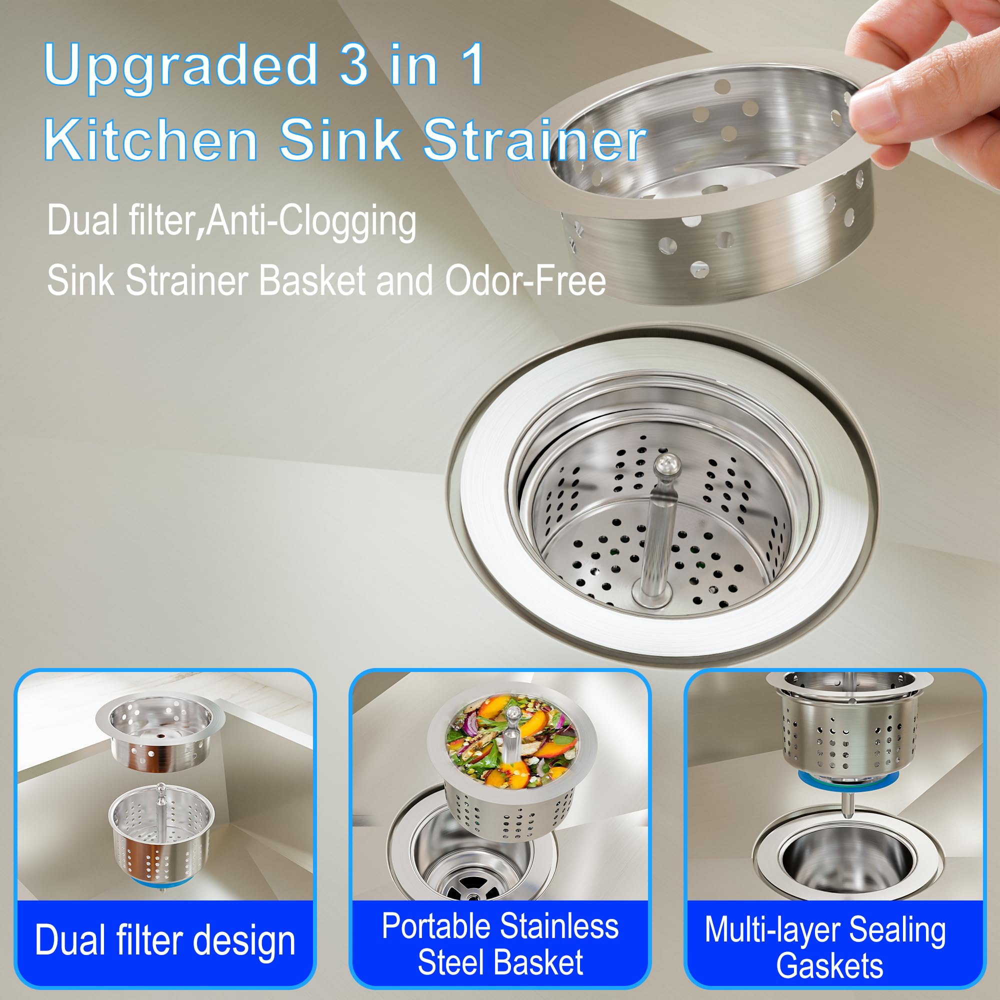 Kit de montaje de drenaje y drenaje para fregadero de cocina de 3-1/2 pulgadas con cesta extraíble para fregadero profundo y tapón de fregadero, cubierta plana de repuesto para fregaderos de cocina