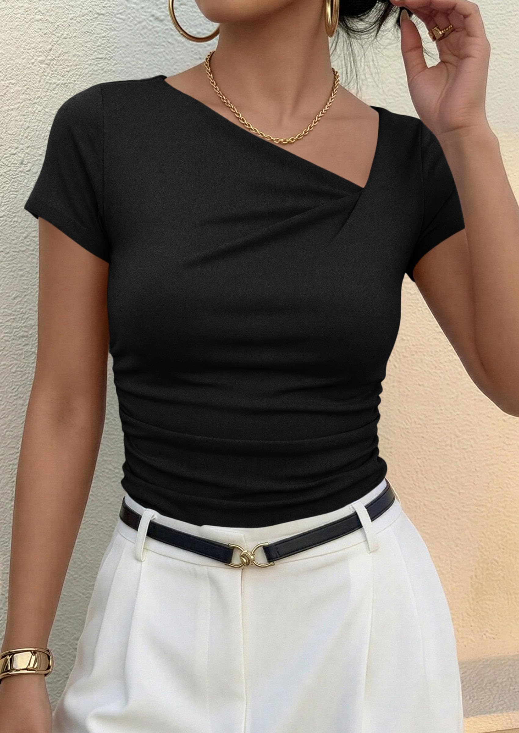 PRETTYGARDEN Women's 2026 Summer Asymmetrical Y2K Tops Trendy Ribbed Short Sleeve Fitted Tee Shirts Spring Fashion Clothing — view 8
