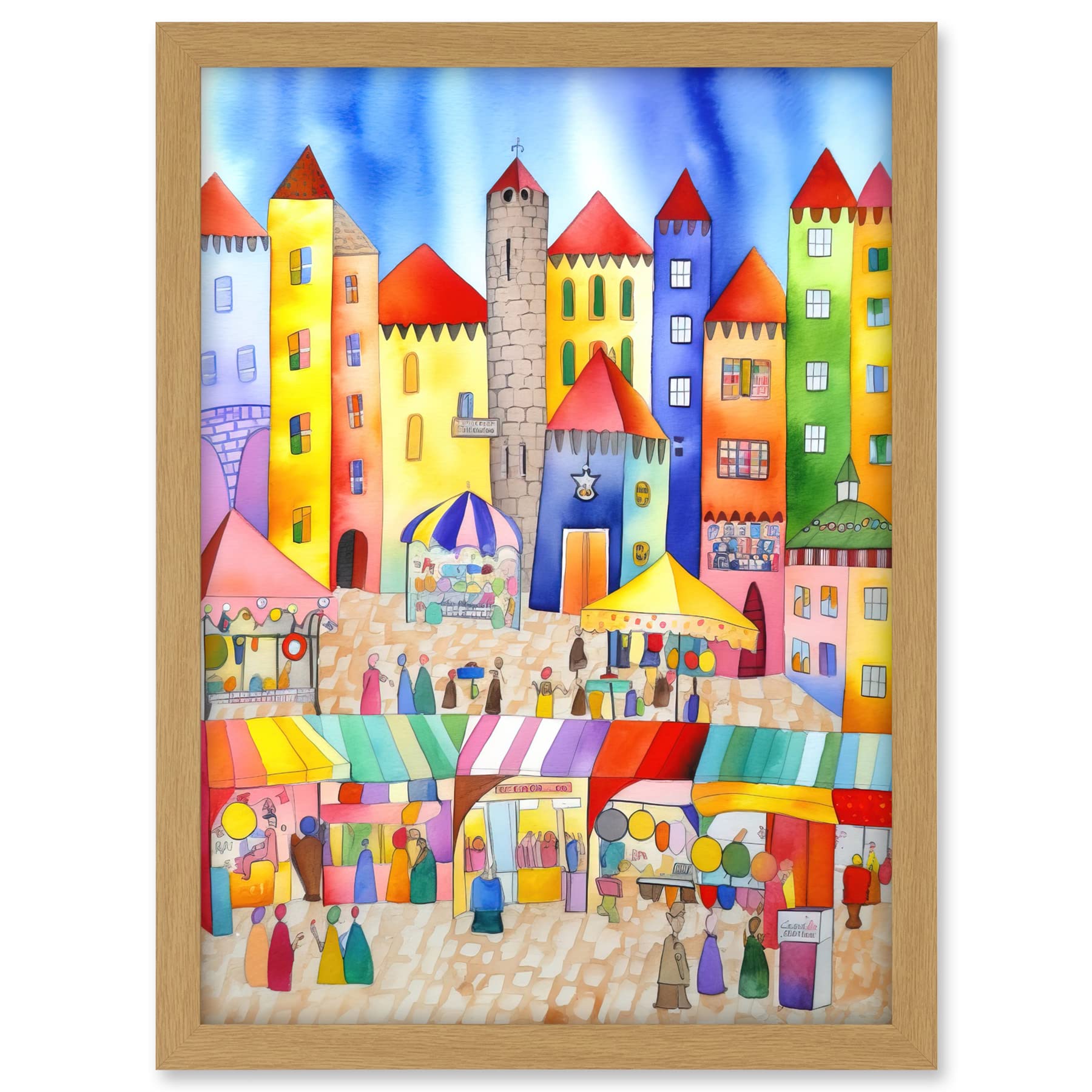 Artery8 Market Square Scene Folk Art Watercolour Painting Artwork Framed A3 Wall Art Print