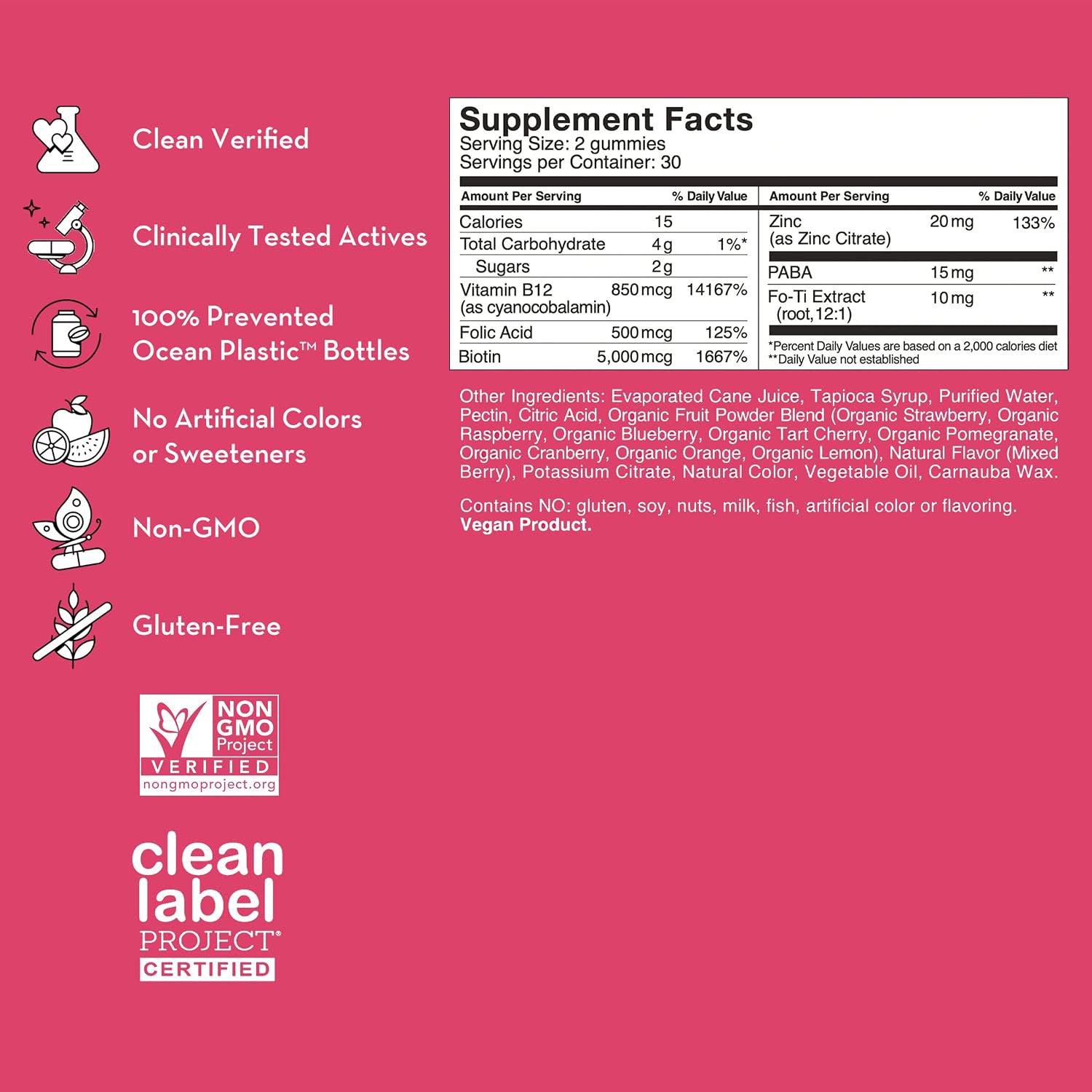 HUM Hair Sweet Hair - Daily Gummies with Biotin to Combat Hair Loss & Thinning - Fo Ti, Folic Acid, Zinc, Vitamin B12 & PABA to Support Healthy Hair, Skin and Nails (180 Vegan Gummies)