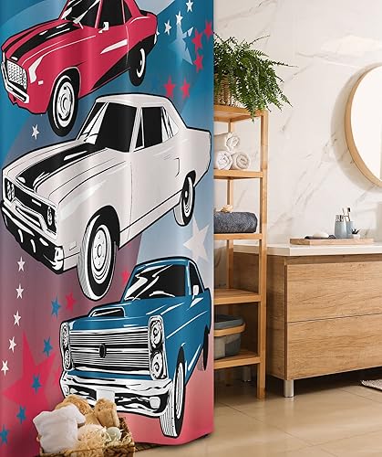 Miniatura 50 de Ambesonne Cortina de ducha hawaiana, diseño de hibisco hawaiano tropical, silueta de niña, tabla de surf, impresión de arte retro, juego de Fucsia