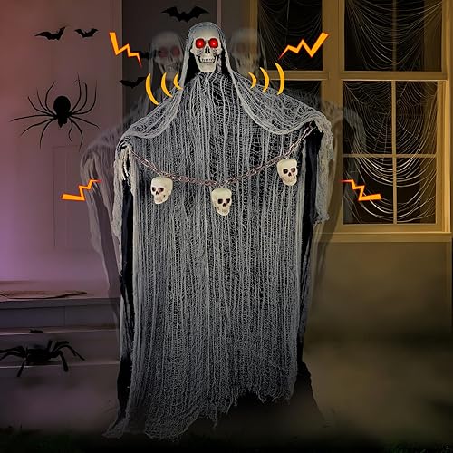 Outdoor Halloween Decorations, 71" Halloween Animatronics Decor Led Light Eyes Sound&Touch Activated Scary Haunted House Decor with Spooky Sound Adjustable Arm for Party Yard Lawn Outdoor Indoor