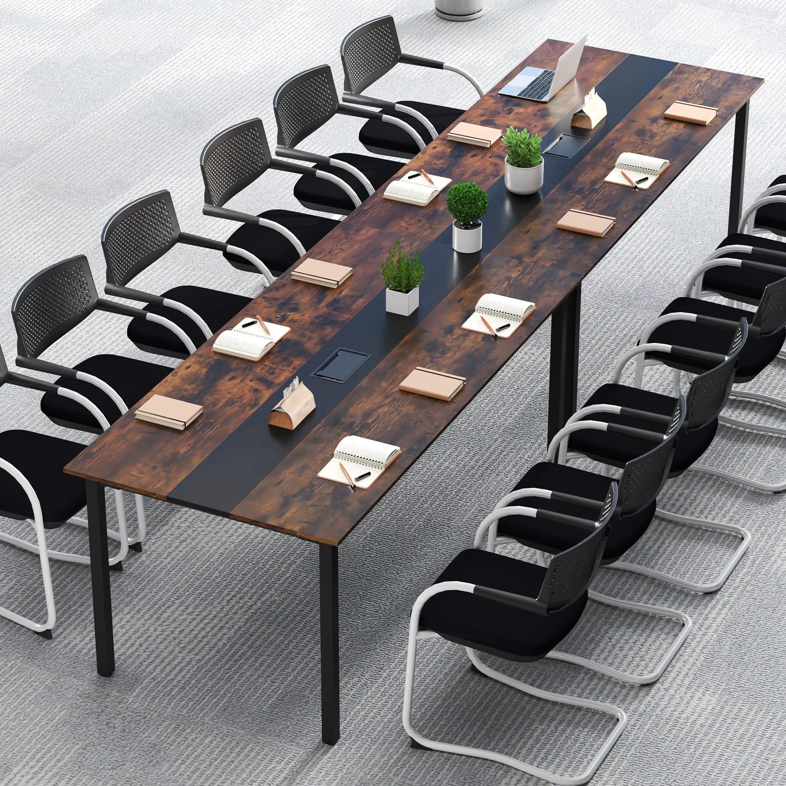 LIFEZEAL Table de Conférence Rectangulaire 180x90x75,5 cm, Table de Réunion 8-10 Personnes, Bureau de Séminaire avec Trou de Câble, Plateau en Bois et Cadre en Métal, Style Industriel