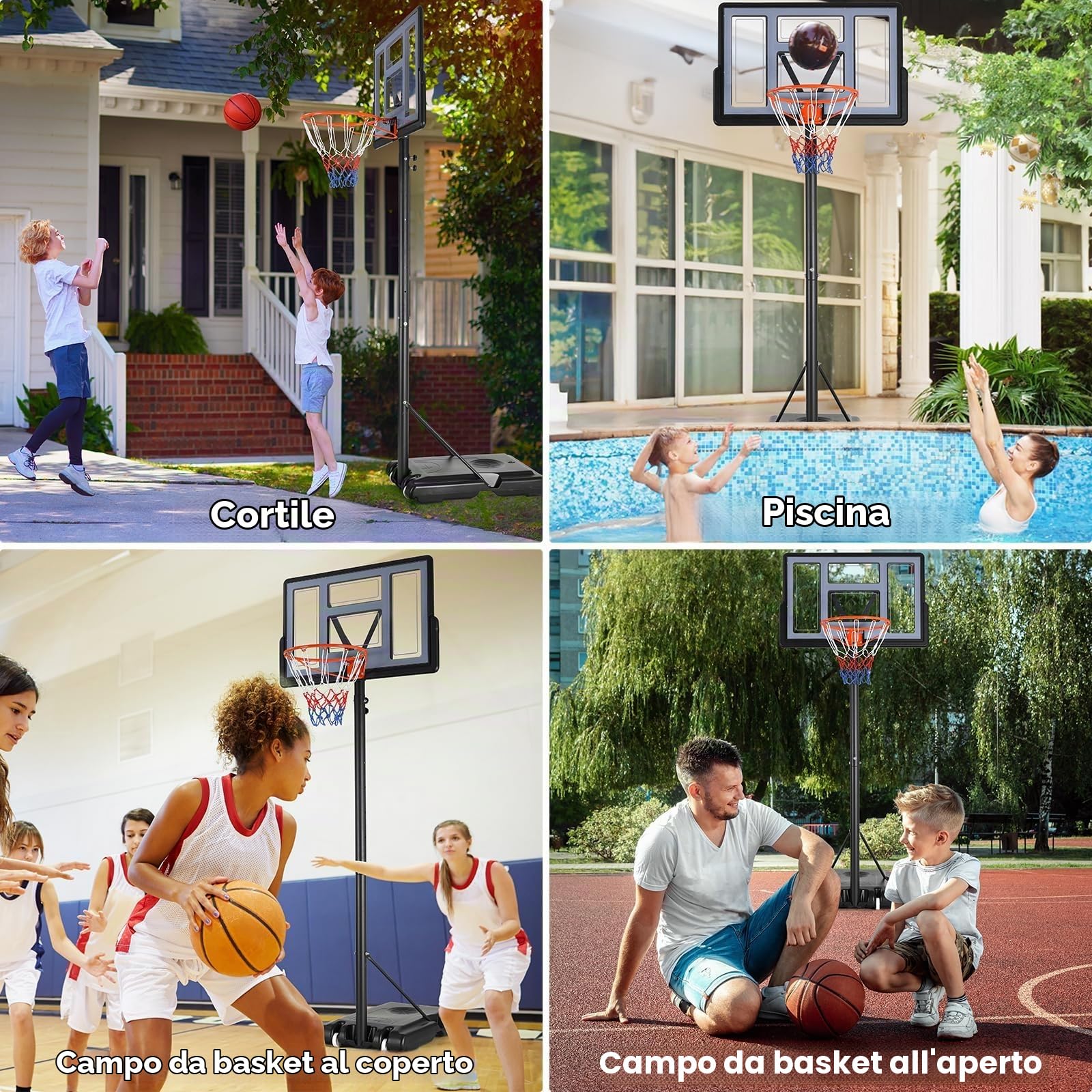Canestro da Basket Esterno 135-305cm - Professionale Regolabile in Altezza per Esterno ed Interno Con Ruote e Supporto per Pallone - per Parco, Casa e Giardino