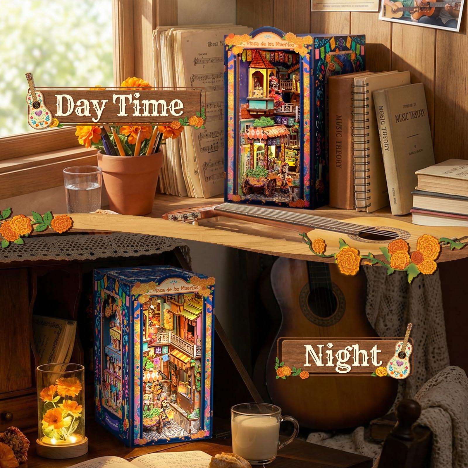 CUTEBEE Book Nook Kit - Casa de Muñecas DIY para Adultos, Maqueta en Miniatura para Montar, Rompecabezas 3D de Madera del Día de Muertos, Decoración para Estantería (Plaza de los Muertos)
