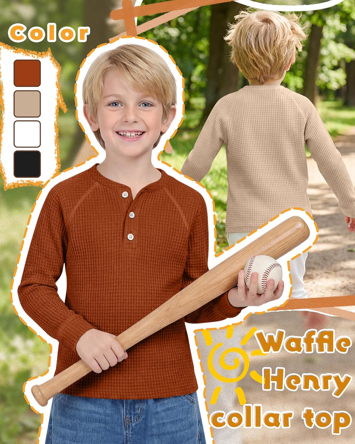 4 Pack Boys Girls Waffle Henley Long Sleeve Shirts Thermal Tops Raglan Unisex Basic Tee for Baby Toddler Kids - Image 3