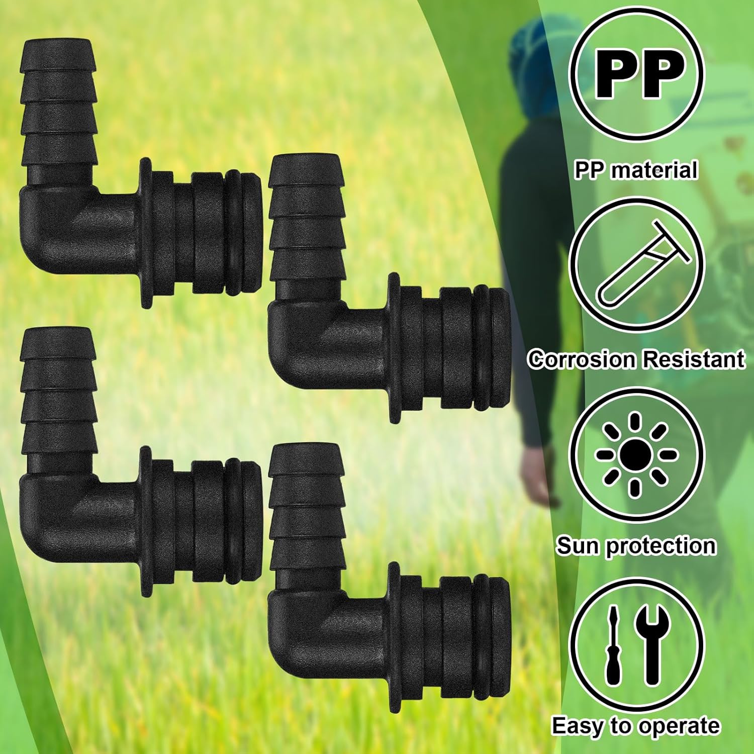 Tallew 4 Pcs Quad Port Fittings 3/8" Pump Fittings Sprayer Parts Garden Hose 90 Quad Port Hose Connector Barb Parts for Gardens Lawns Water System Pump, 3/4" Od