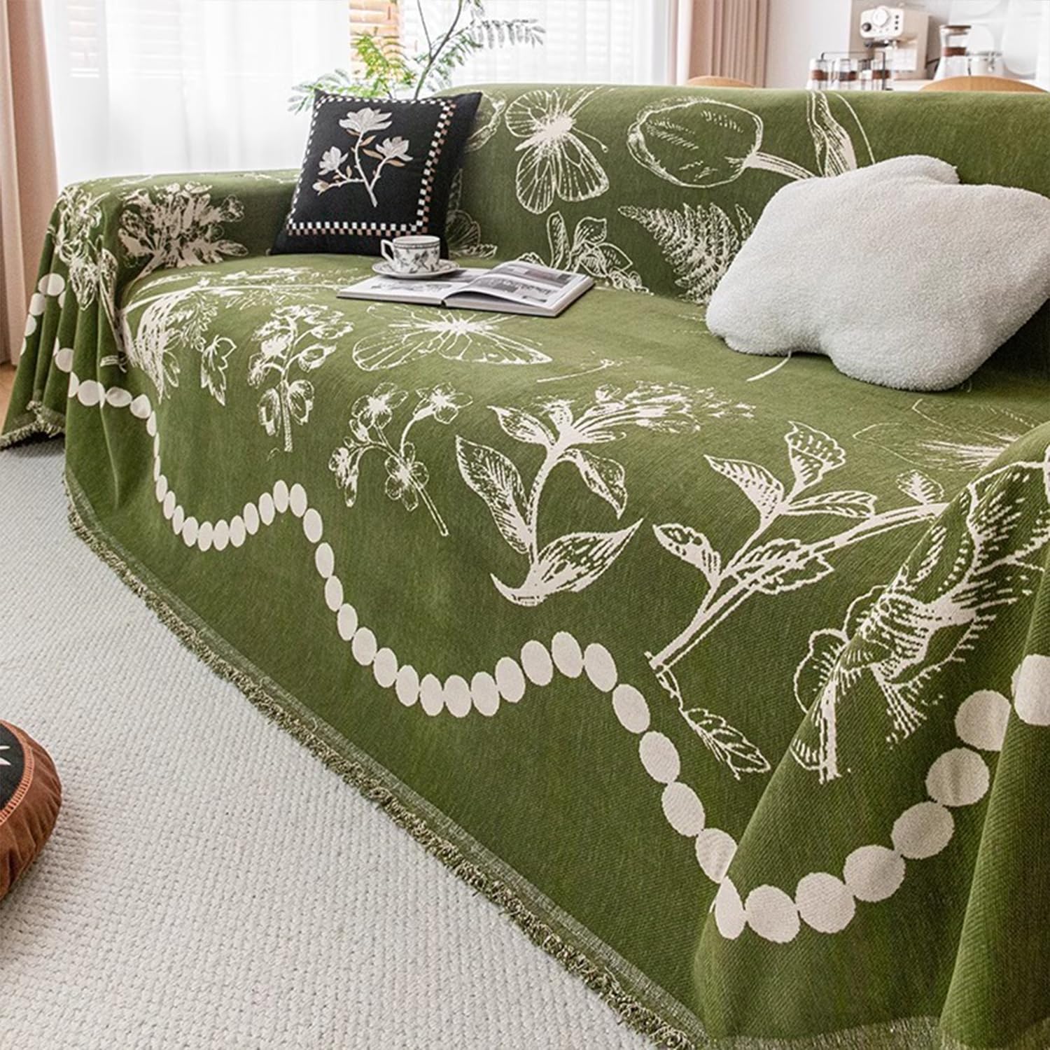 Housse de canapé en chenille jeté de canapé vert avec pompon