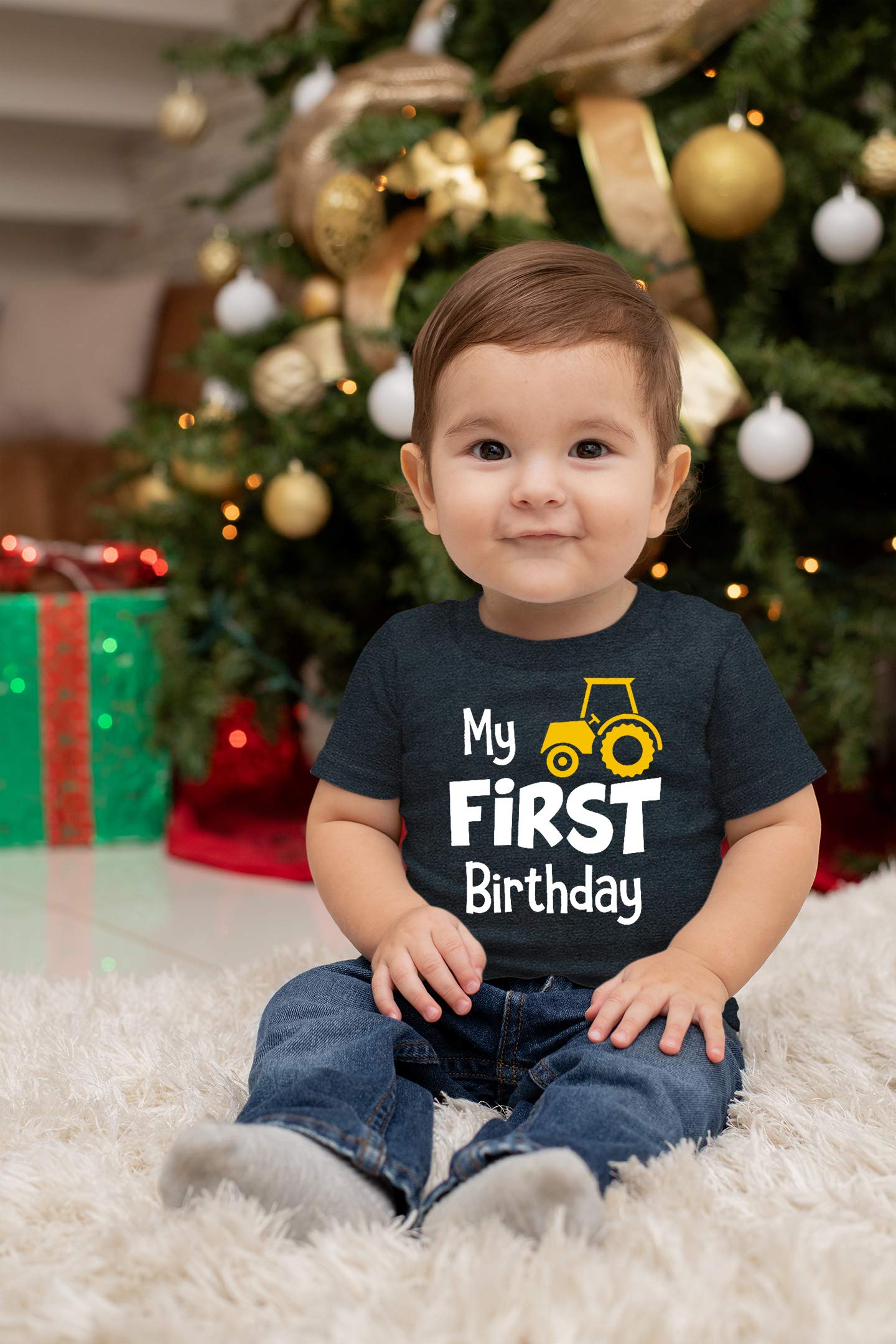 First Birthday boy Outfit My 1st Tractor Shirt Construction one Year Old Gifts (White on Charcoal Black, 12 Months)
