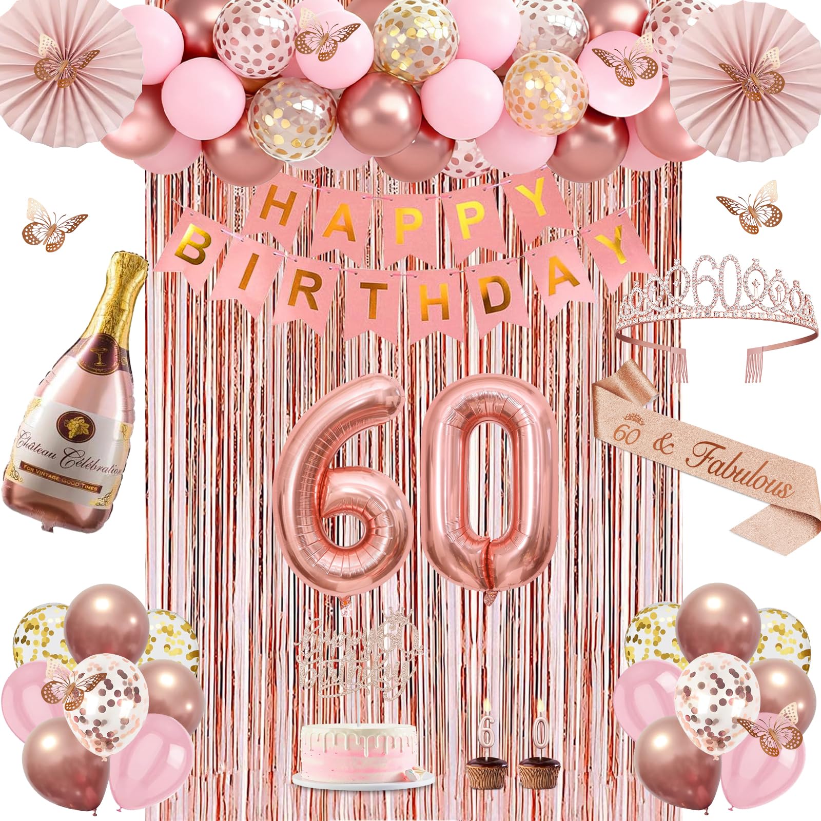 Photo 1 of **USED - MINOR DAMAGE**
60th Birthday Decorations for Woman, Rose Gold 60th Birthday Decorations for Women, 60 Sash and Crown, Banner, Fringe Curtains, Hanging Paper Fans, 60 Year Old Party Supplies Set
