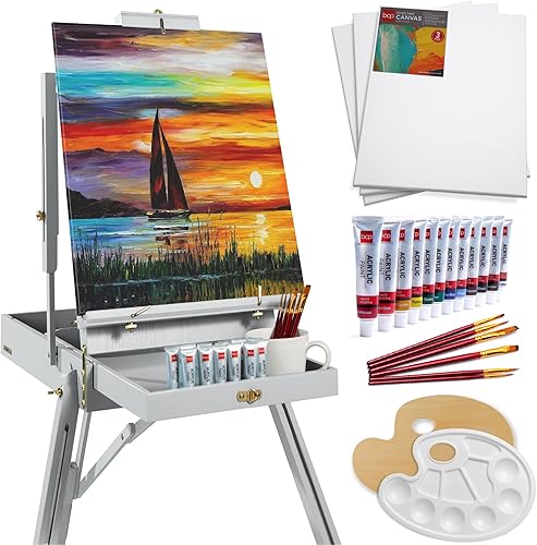 Miniatura 8 de Best Choice Products Caballete francés kit de 32 piezas para principiantes portátil plegable de madera ajustable trípode de artista para pintar