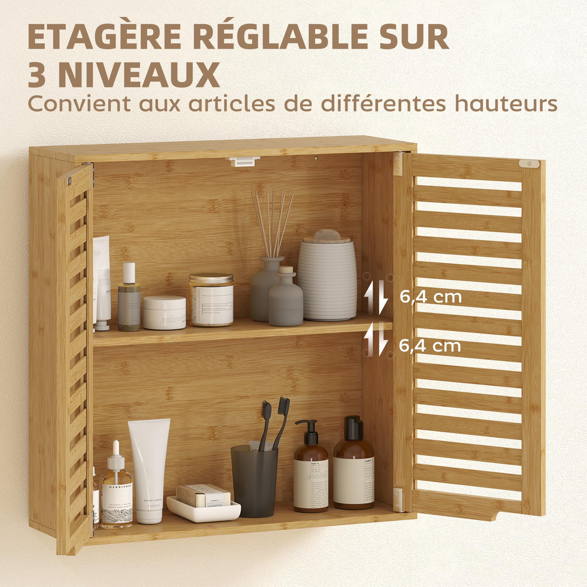 HOMCOM Armoire Murale de Salle de Bain, Meuble de Rangement avec 2 Compartiments et Étagère Réglable, Meuble Haut en Bambou pour Toilette, Cuisine, 60 x 20 x 60 cm, Effet Bois Naturel