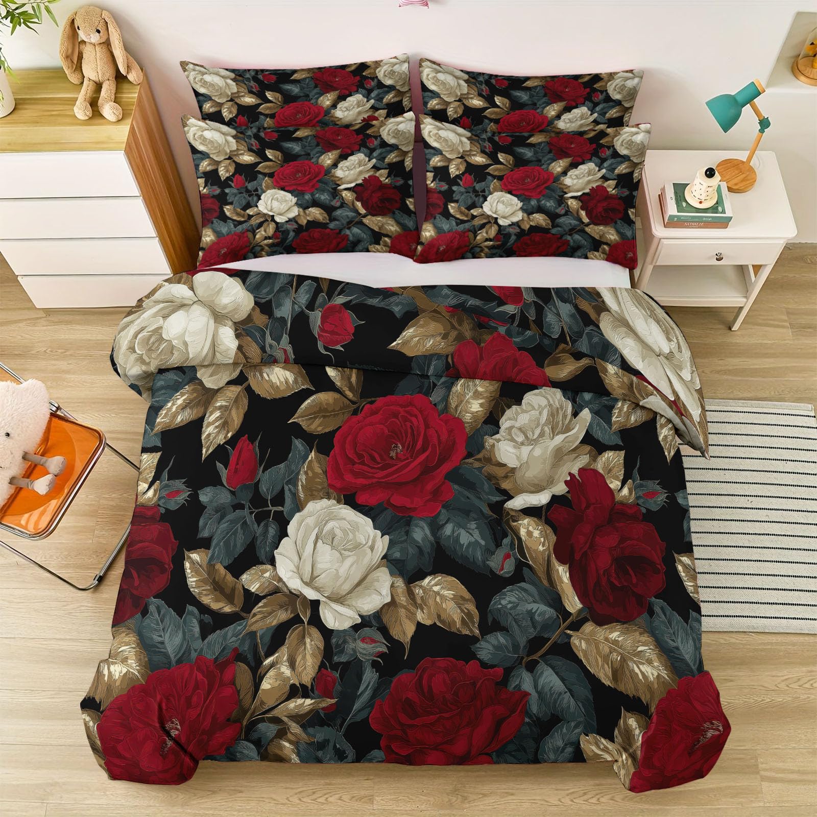 Romantyczne rośliny, kwiatowy zestaw poszewek na kołdrę 230 x 220 cm, luksusowy zestaw pościeli w stylu vintage, miękka mikrofibra, dwustronna poszewka na kołdrę na wszystkie pory roku, z zamkiem