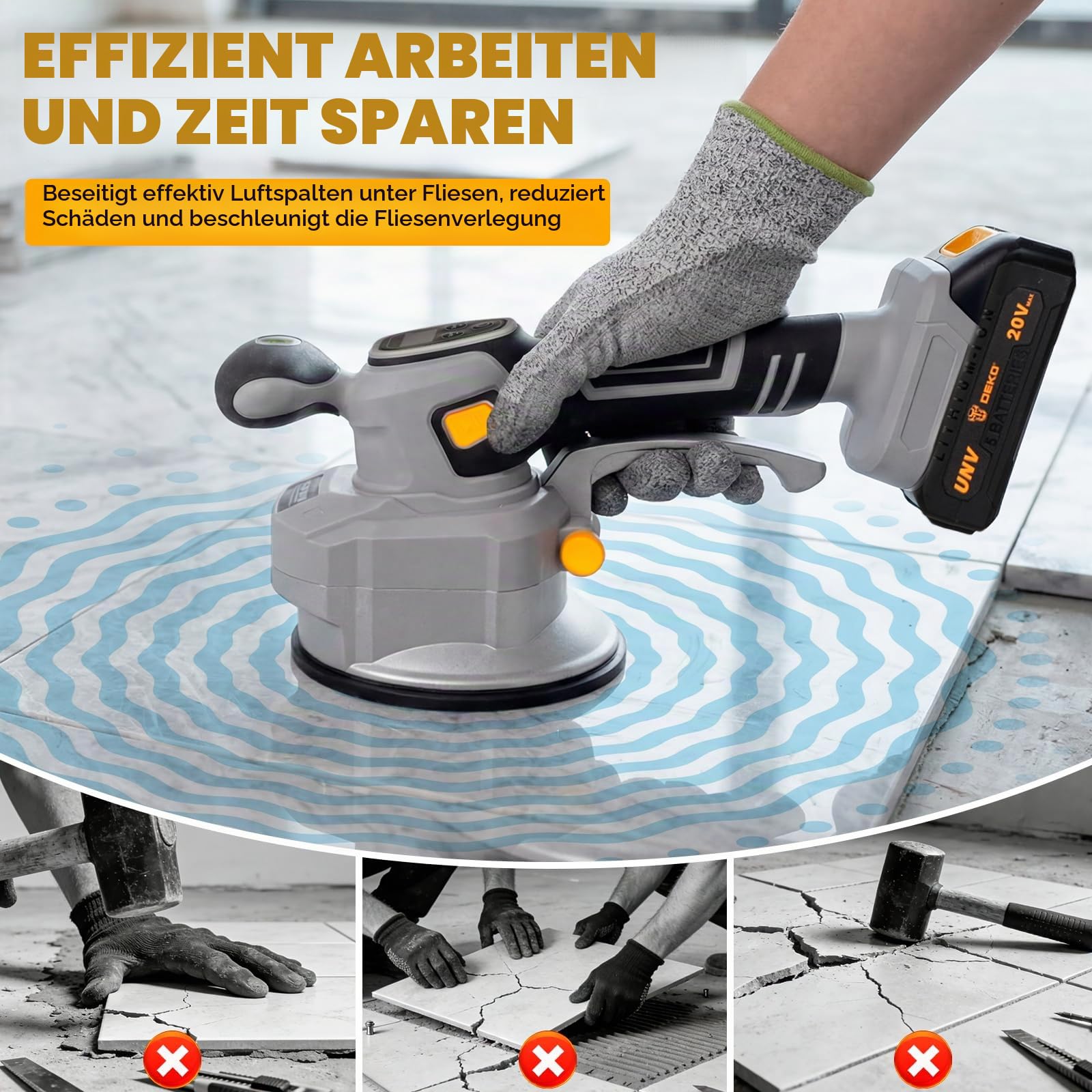 DEKOPRO 20V Fliesenrüttler, 8500 U/min, Fliesen Vibrationsgerät mit 145MM Saugnapf, 10-Stufige Geschwindigkeitsregelung, Akku und Werkzeugkasten - für Boden Fliesen Wand Installation