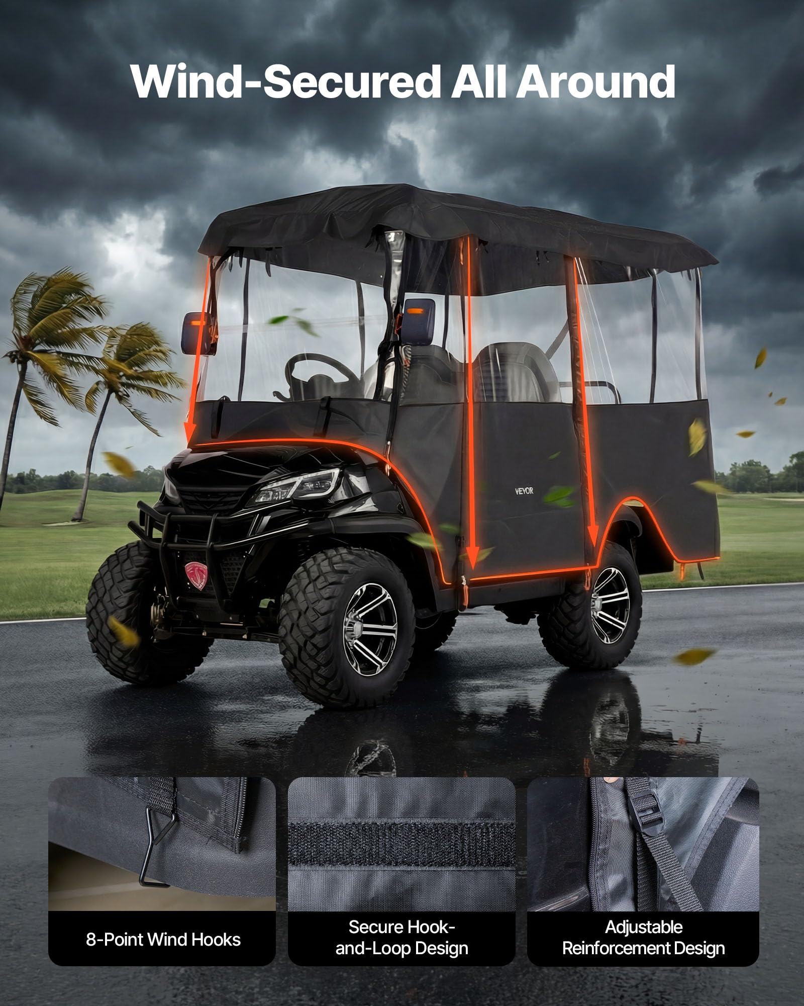 VEVOR Copertura per Carrello da Golf Visibile Antipioggia Copertura per Golf Cart max 4 Posti in Tessuto Oxford 600D Impermeabile Finestre in PVC Trasparente Protezione Solare Antipolvere da Esterno