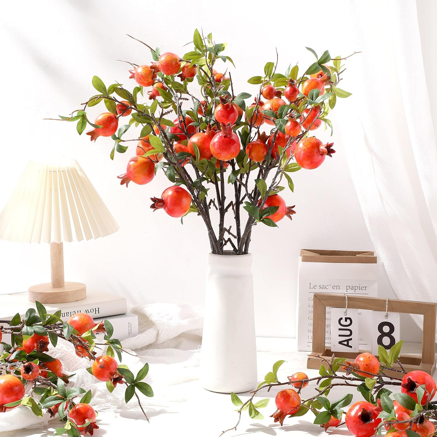 10 Pcs 31.5'' Artificial Pomegranate Branches Tall Faux Pomegranate Flower Stem Fake Berries Branches for Wedding Home Vase Party Decorations(Orange)