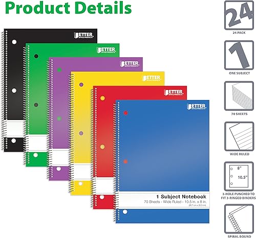 Miniatura 3 de Better Office Products Cuadernos de espiral de 1 materia, paquete de 24, regla ancha, 70 hojas, 8 x 10.5 pulgadas, 6 colores primarios surtidos,
