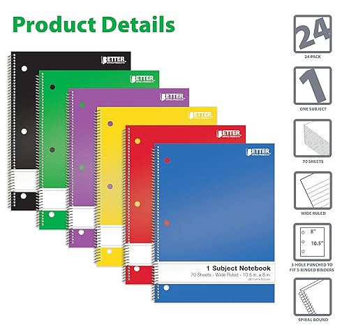 Vista 3 de Better Office Products Cuadernos de espiral de 1 materia, paquete de 24, regla ancha, 70 hojas, 8 x 10.5 pulgadas, 6 colores primarios surtidos