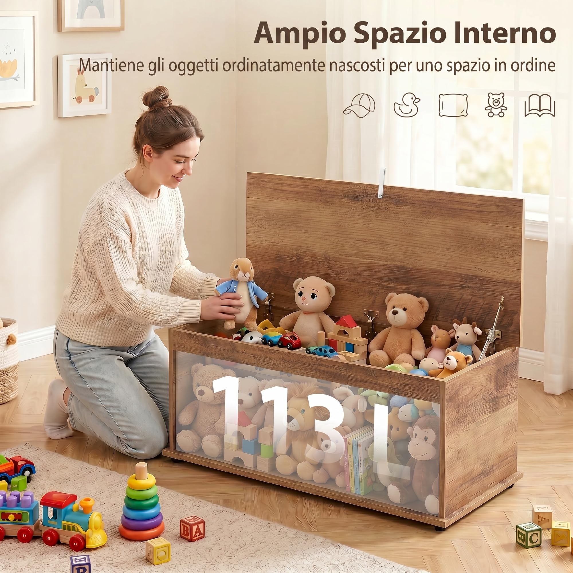 HOMCOM Cassapanca Contenitore da Interno 113L con Coperchio Ribaltabile, Baule Contenitore per Soggiorno e Ingresso, Panca Contenitore, Effetto Legno Marrone