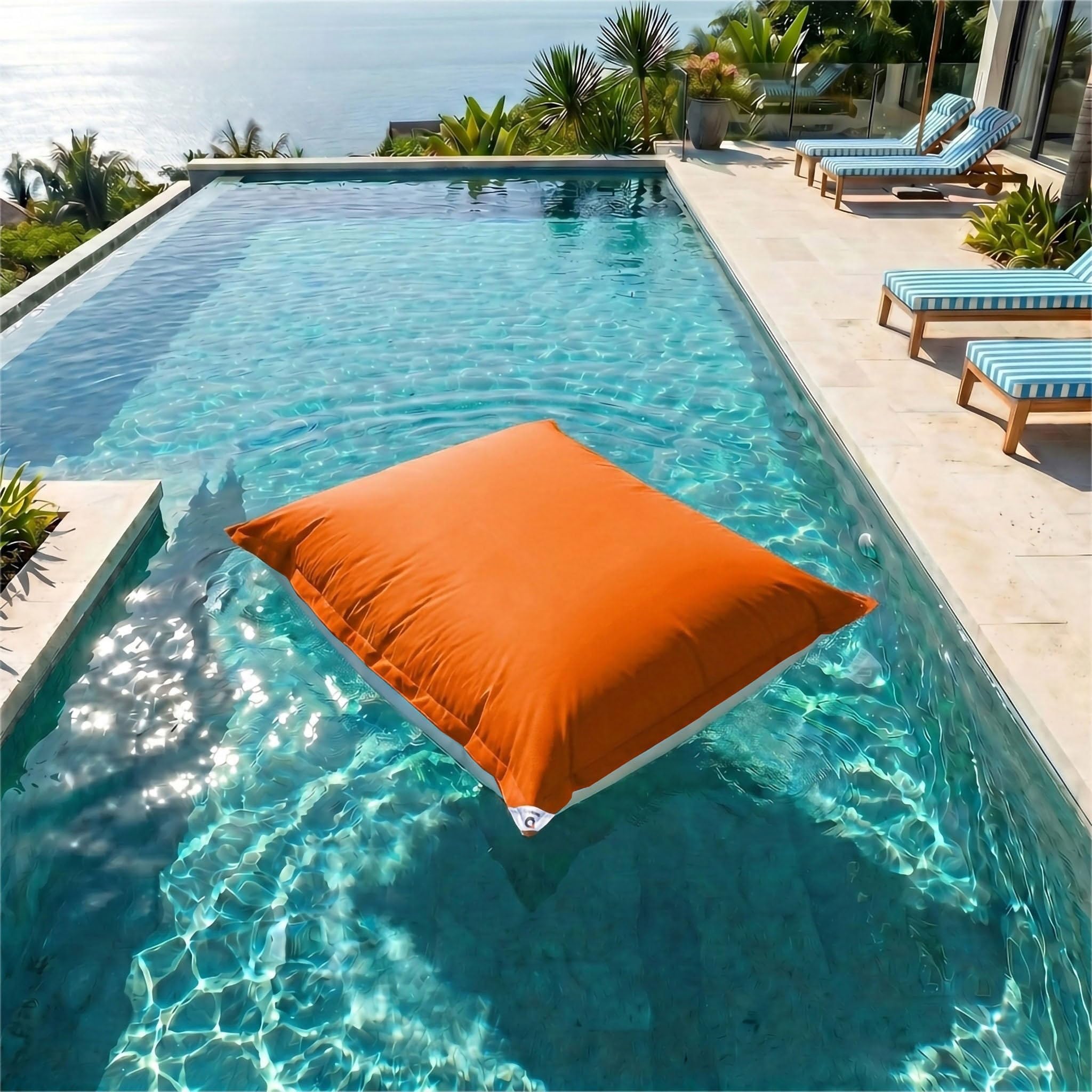 Pouf da Esterno Gigante XXL 180x140cm Imbottito (Non Gonfiabile) Galleggiante Piscina - Pouf Giardino Impermeabile Sfoderabile - Riempimento 450L Palline Polistirolo - Arancione