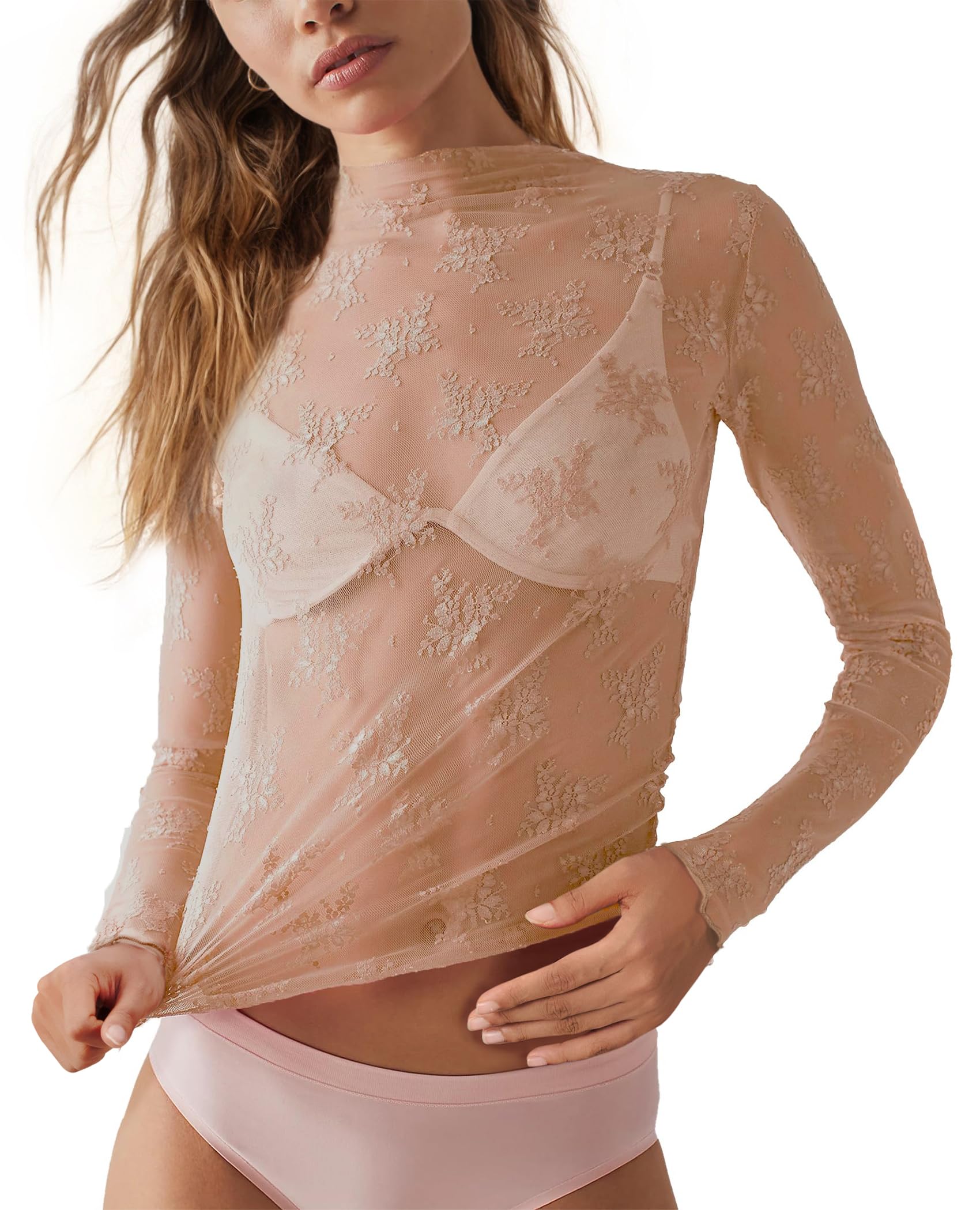 siliteelon Lace Tops for Women Mesh Long Sleeve Top Floral See Through Lace Shirt Mock Neck Party Club Lace Blouse