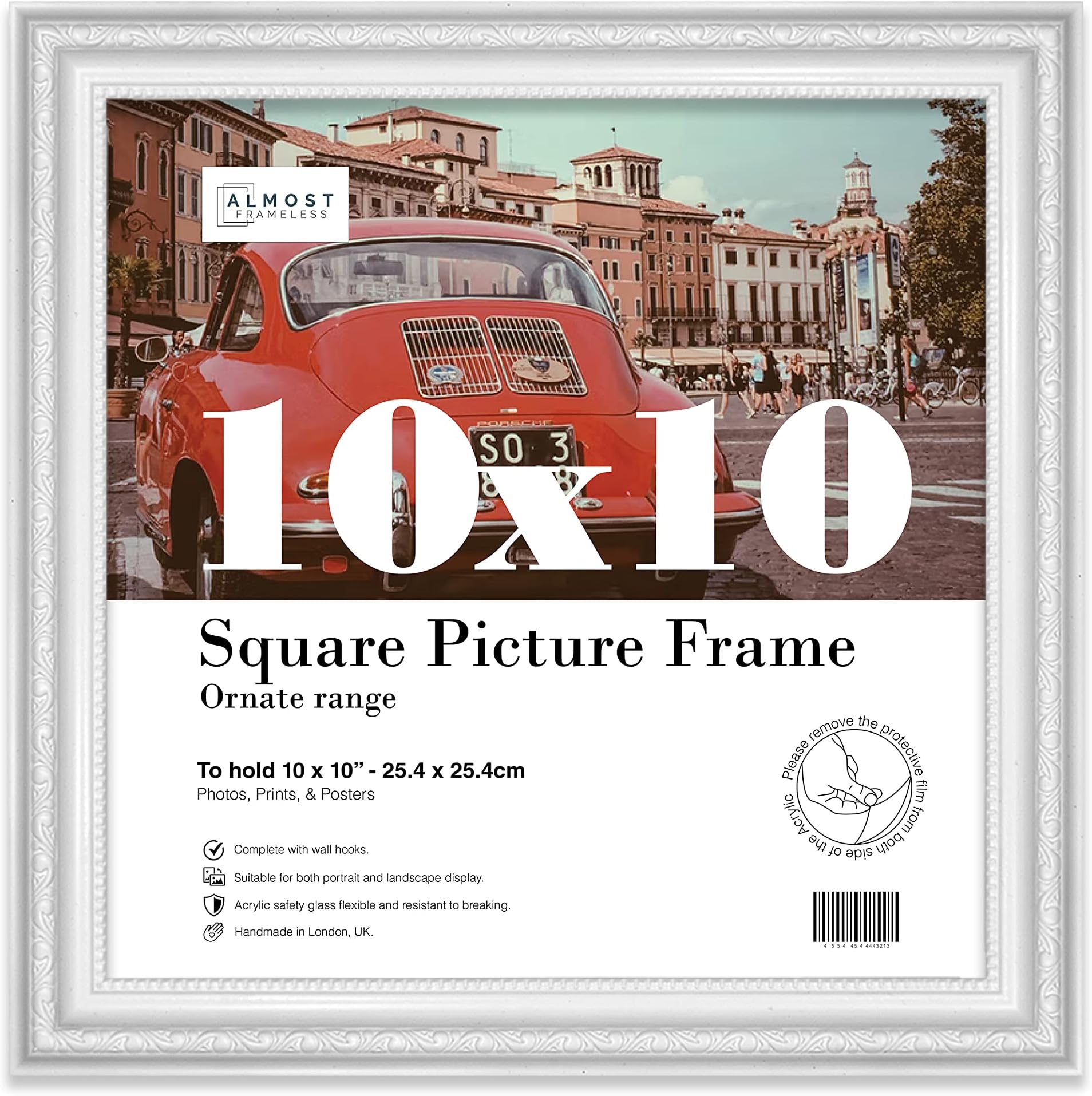 10x10 White Ornate Picture Frame 10"x10"(25.4x25.4cm) Poster, Photo, Artwork, or Print. Baroque Style Portrait and Landscape Display with Wall Hooks