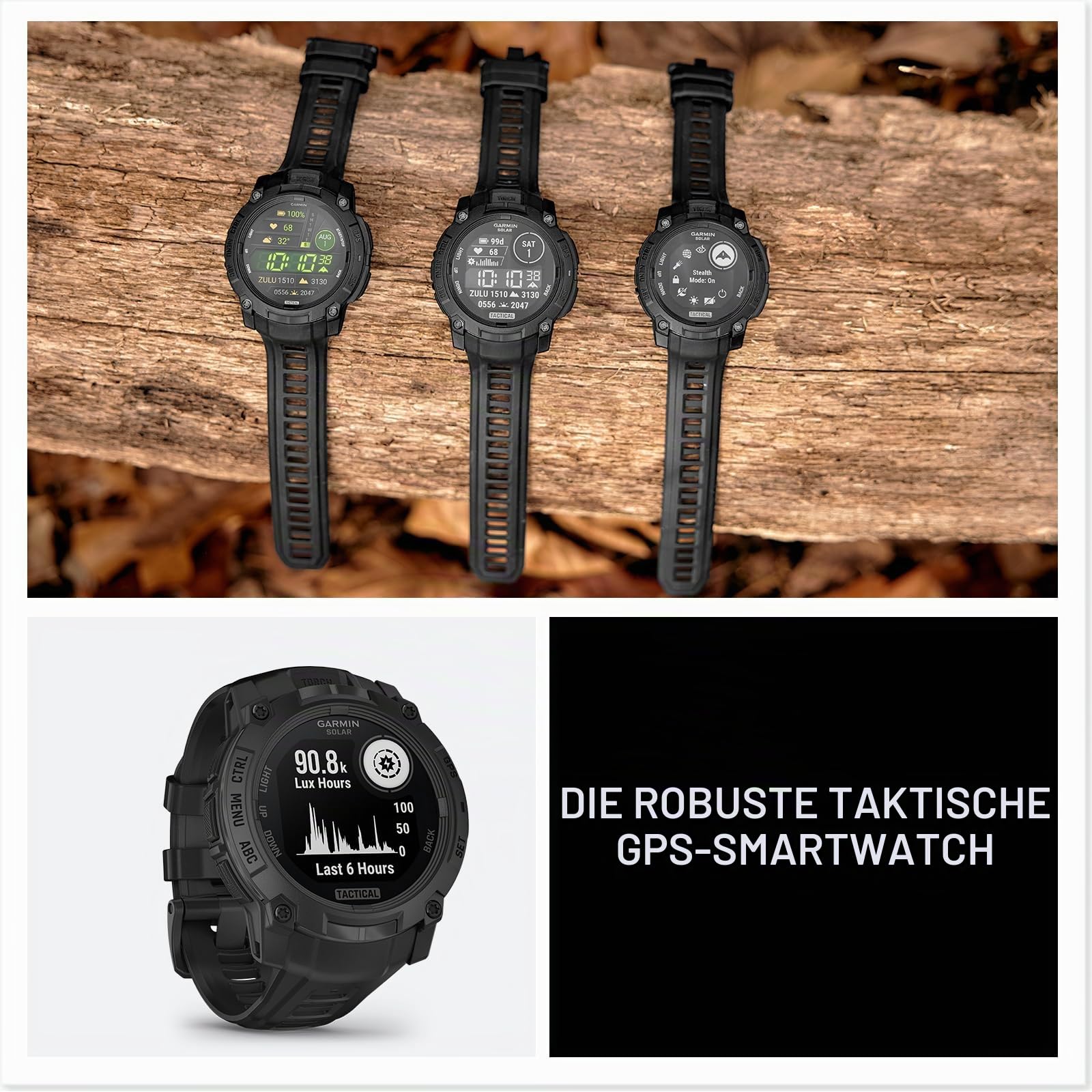Garmin Instinct® 3 Tactical Edition, 45 mm, solarbetriebenes Display, robuste Outdoor-GPS-Smartwatch | Outdoor GPS Smartwatch, Solar Charging, Dedizierte taktische Funktionen, metallverstärkte Lünette, eingebaute Taschenlampe