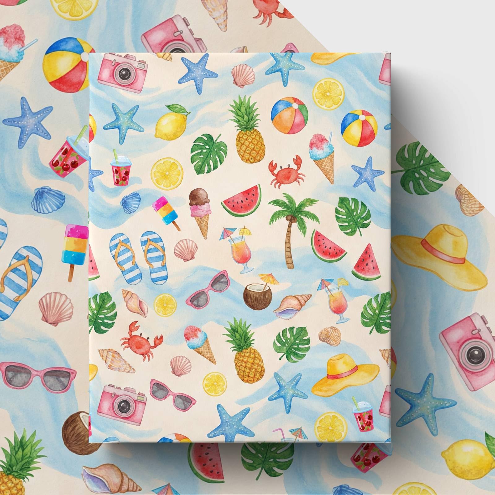GleeWrap Summer Beach Wrapping Paper, 4 Sheets Watercolor Tropical Gift Wrap for Birthday, Holiday, Pool Party, Beach Vacation, All Occasions, 50 x 70 cm