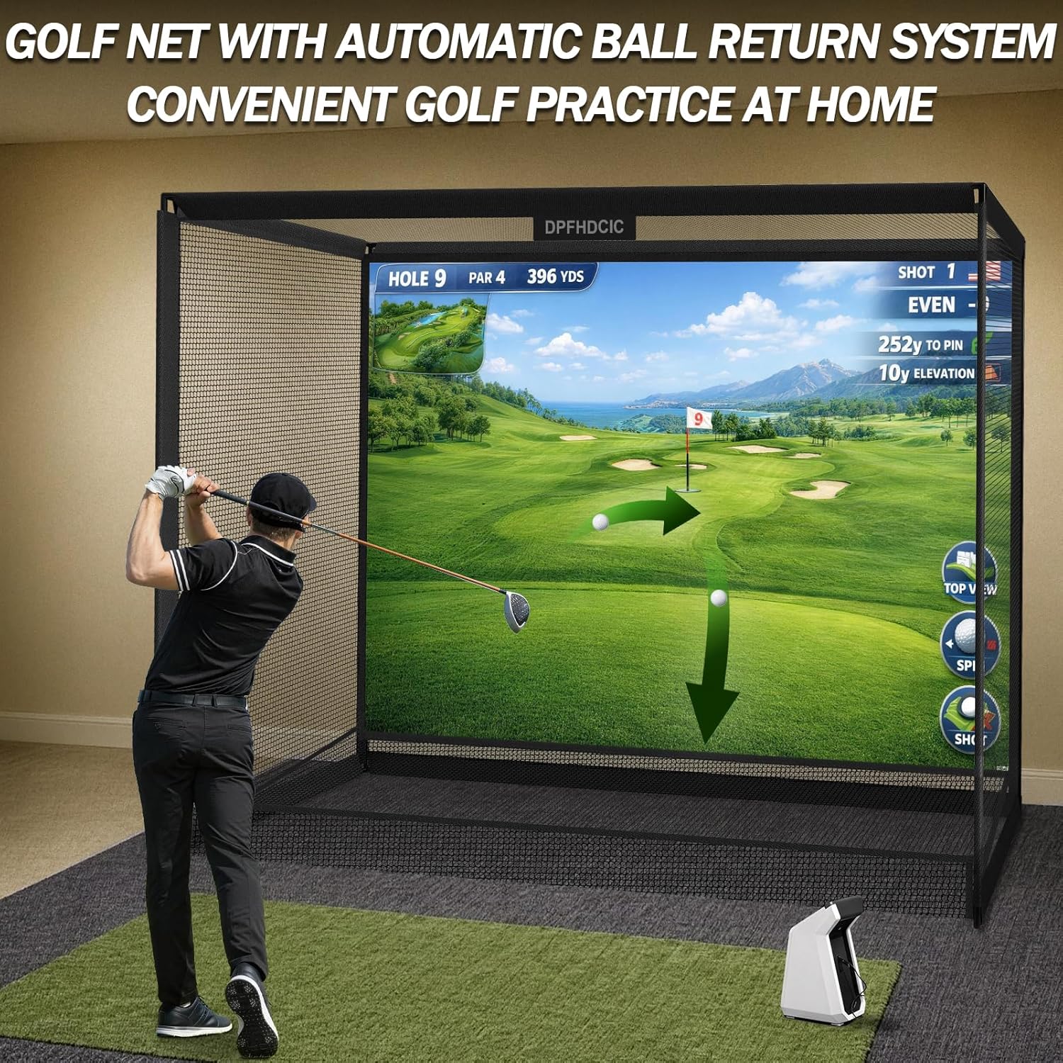 Golf Simulator Enclosure 10x8x5 FT - Indoor Golf Simulator Kit with HD Impact Screen Home Golf Training Cage with Steel Frame Poles for Garage Basement Practice Setup
