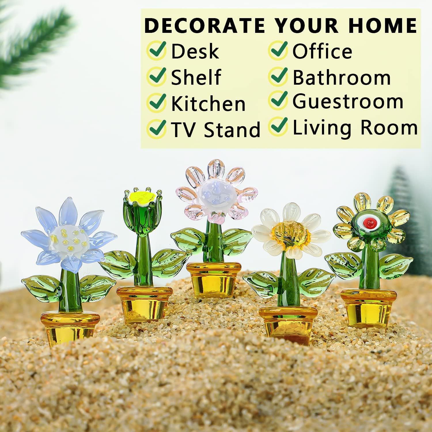 H&D HYALINE & DORA 5pcs Handcraft Glass Blown Mini Cute Flowers Plants Crystal Art Figurines Collectibles Home Office Tabletop Garden Simulation Plants Decor Car Inner Ornaments - Image 4