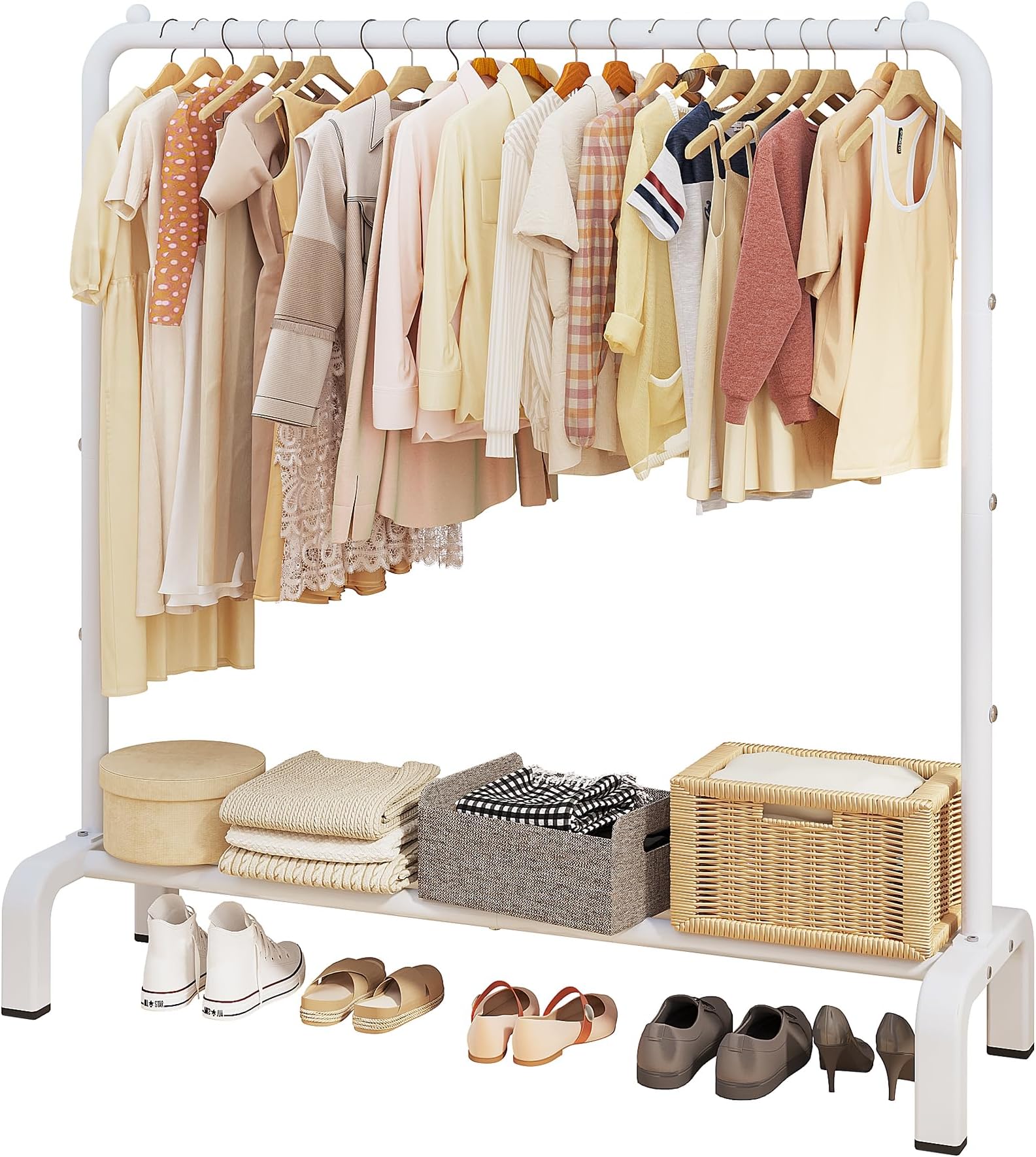JIUYOTREE Metal Clothing Rack, 43.3 Inches Clothes Garment Coat Rack with Bottom Shelf for Hanging Skirts, Shirts, Sweaters, White