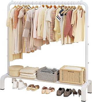 Metal Clothing Rack, 43.3 Inches Clothes Garment Coat Rack with Bottom Shelf for Hanging Skirts, Shirts, Sweaters, White | Metal 43.3 Inches Garment Rack Clothing Clothes Rack with Bottom Shelf for Hanging Clothes Coats Skirts Shirts Sweaters White