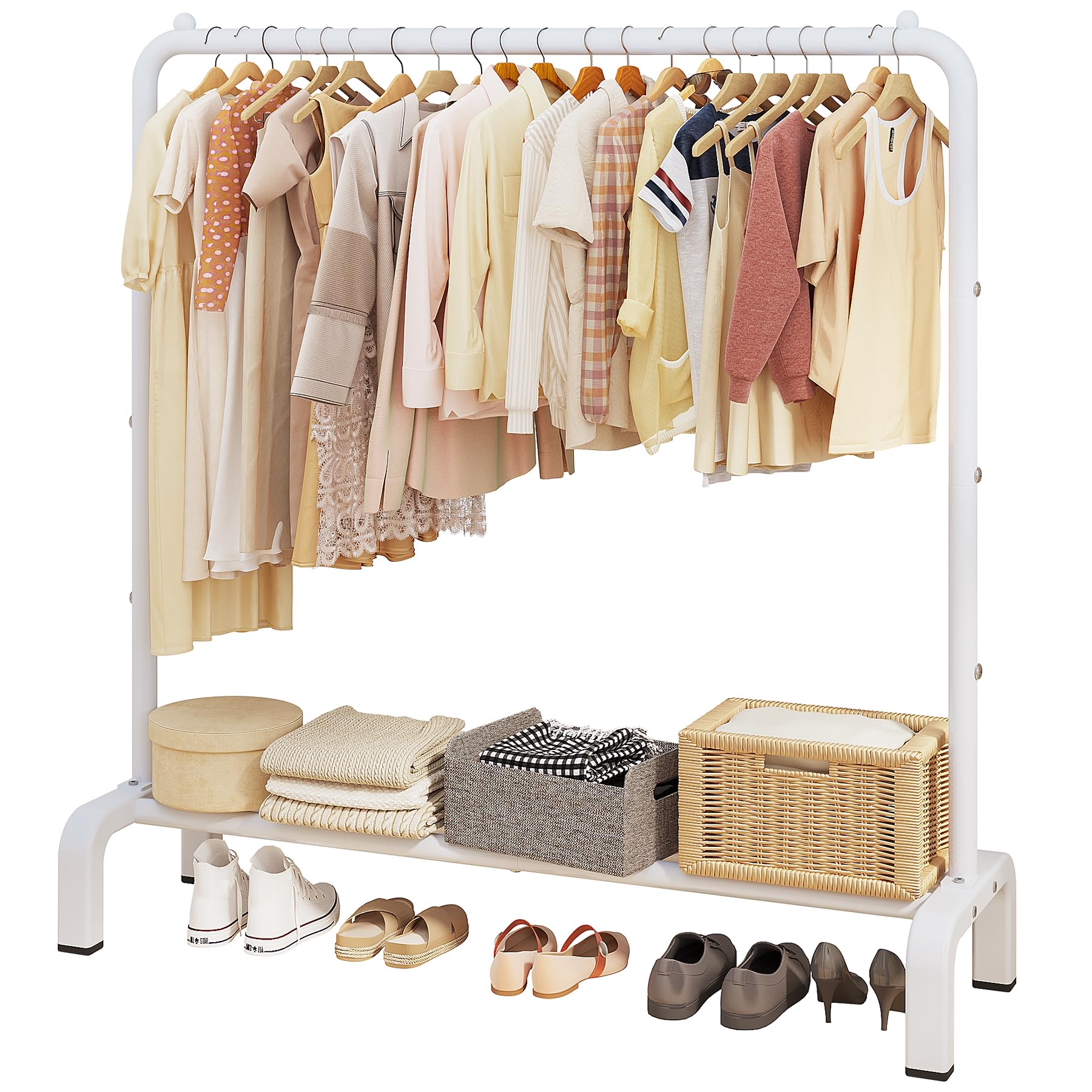 Photo 1 of JIUYOTREE Metal Clothing Rack, 43.3 Inches Clothes Garment Coat Rack with Bottom Shelf for Hanging Skirts, Shirts, Sweaters, White